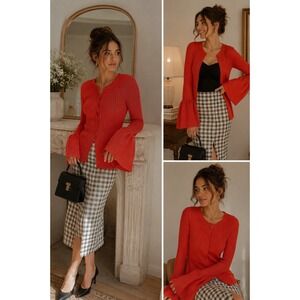 Cabi Trumpet Cardigan M Hibiscus Orange Ribbed Bell Sleeve Sweater Style 5285